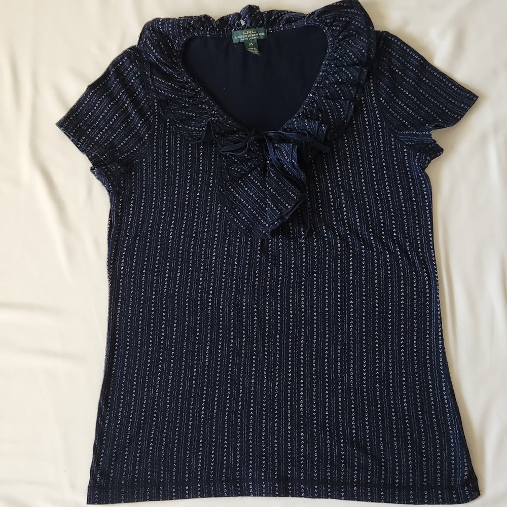 Ralph Lauren 100% Cotton Dark Blue T-shirt with Raffled Neck Size XS